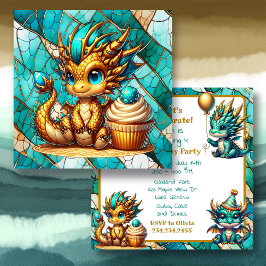 Cute Teal and Gold Dragon Boy's Birthday Party 招待状