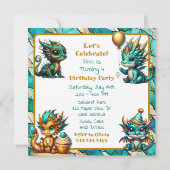 Cute Teal and Gold Dragon Boy's Birthday Party 招待状 (裏面)