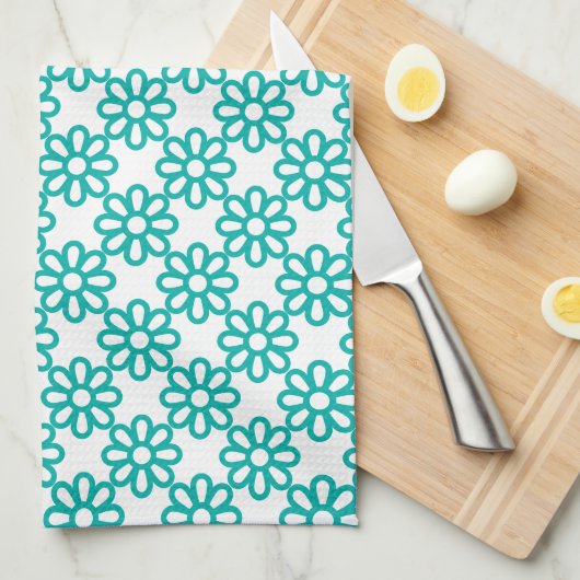 Cute Teal and White Floral Pattern キッチンタオル (四つ折り)