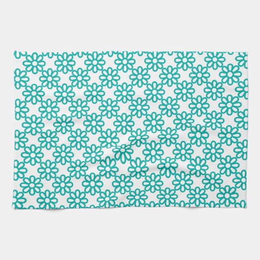Cute Teal and White Floral Pattern キッチンタオル (横)