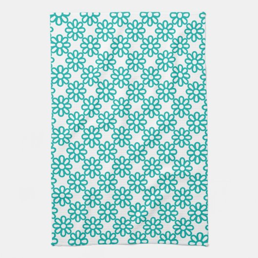 Cute Teal and White Floral Pattern キッチンタオル (縦)