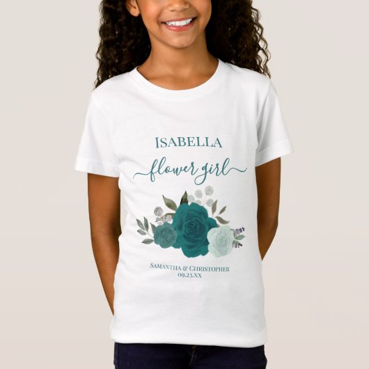 Cute Teal & Aqua Roses Flower Girl Gift Wedding Tシャツ (正面)
