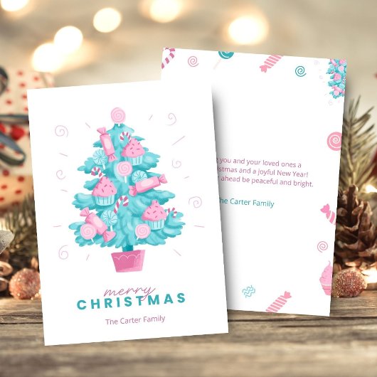 Cute Teal Candy Christmas Tree Card シーズンカード