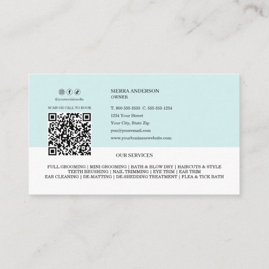Cute Teal Dog Grooming Boutique Pet QR Code 名刺 (裏面)