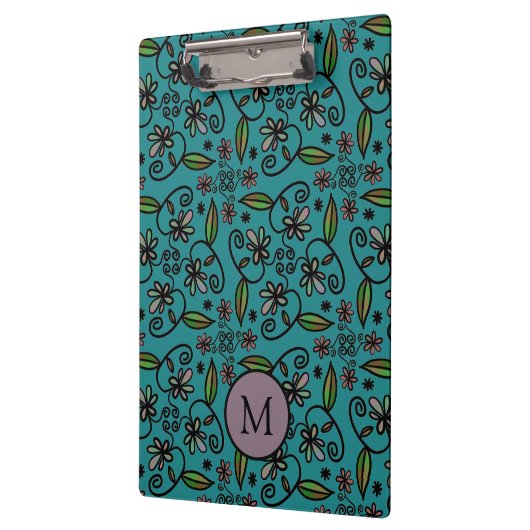 Cute Teal Floral Pattern Monogram クリップボード (左)