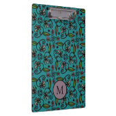 Cute Teal Floral Pattern Monogram クリップボード (右)
