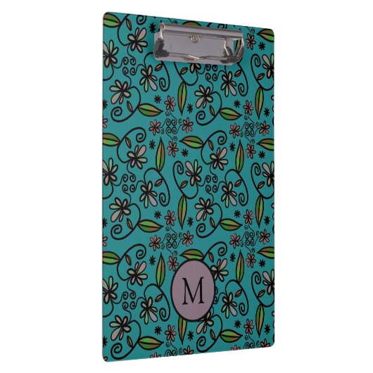 Cute Teal Floral Pattern Monogram クリップボード (右)