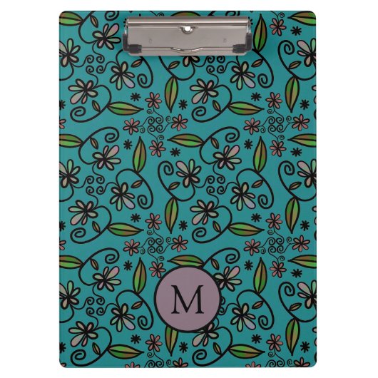 Cute Teal Floral Pattern Monogram クリップボード (正面)
