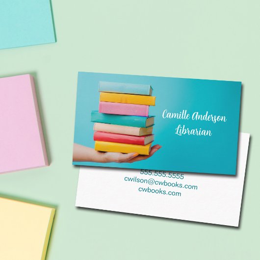 Cute Teal Librarian or Bookstore Stack of Books 名刺