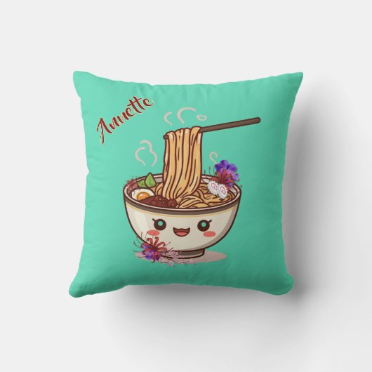 Cute teal Ramen Bowl Floral クッション (裏面)
