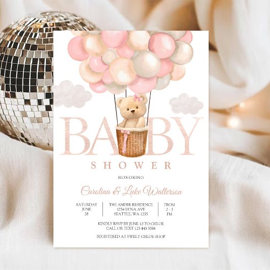 Cute Teddy Balloon Baby Shower Invitation 招待状