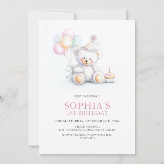 Cute Teddy Bear 1st Birthday Party 招待状 (正面)