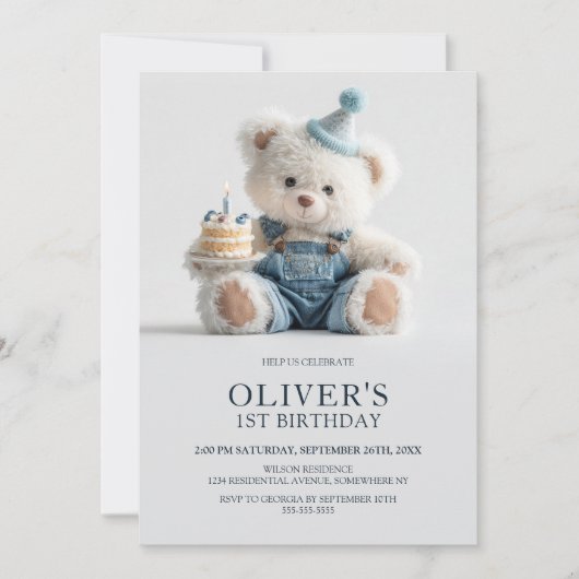 Cute Teddy Bear 1st Birthday Party Invitation 招待状 (正面)