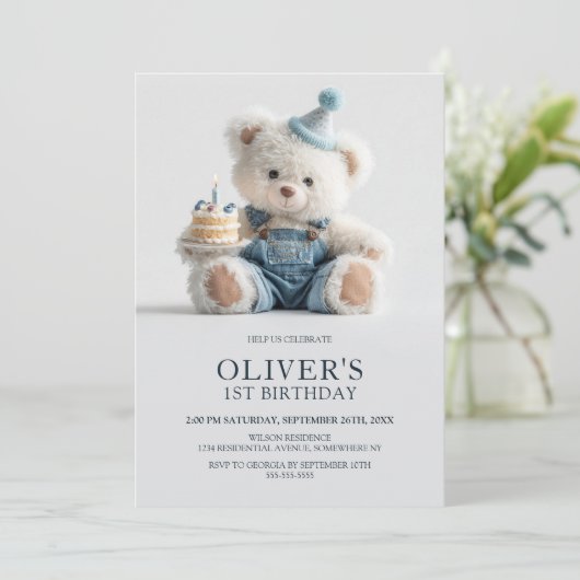 Cute Teddy Bear 1st Birthday Party Invitation 招待状 (スタンド正面)