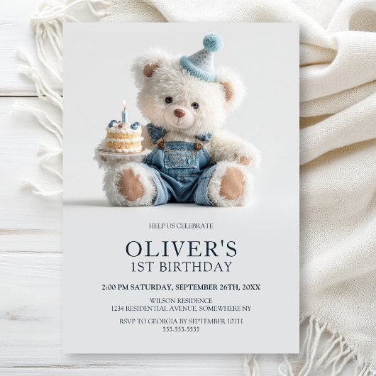 Cute Teddy Bear 1st Birthday Party Invitation 招待状
