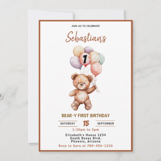 Cute Teddy Bear 1st Birthday | Sweet Bear 招待状 (正面)
