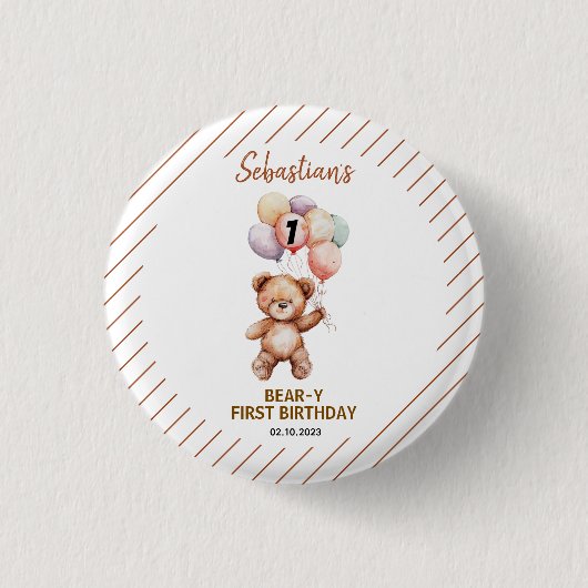 Cute Teddy Bear 1st Birthday | Sweet Bear  缶バッジ (正面)