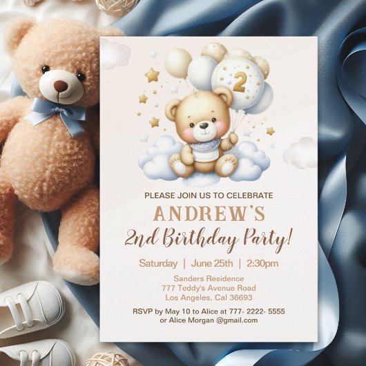 Cute Teddy Bear 2nd Birthday for Boy 招待状