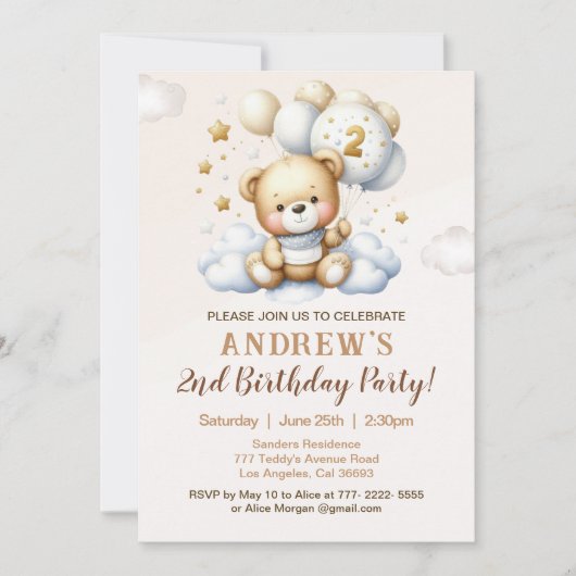 Cute Teddy Bear 2nd Birthday for Boy 招待状 (正面)