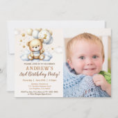Cute Teddy Bear 2nd Birthday for Boy with photo 招待状 (正面)