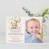 Cute Teddy Bear 2nd Birthday for Boy with photo 招待状 (スタンド正面)