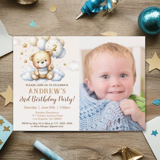 Cute Teddy Bear 2nd Birthday for Boy with photo 招待状
