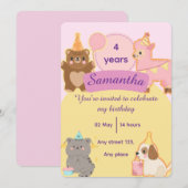 Cute Teddy Bear 4th Birthday Editable Template 招待状 (正面/裏面)