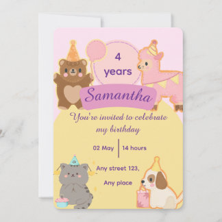 Cute Teddy Bear 4th Birthday Editable Template 招待状