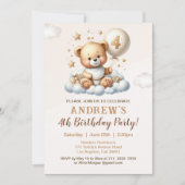 Cute Teddy Bear 4th Birthday Party Celebration 招待状 (正面)