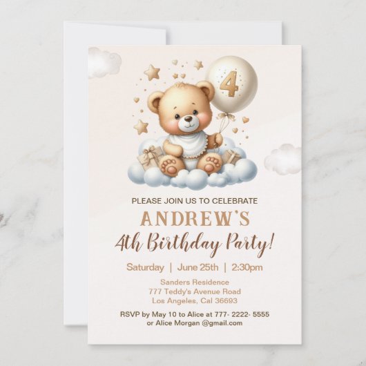 Cute Teddy Bear 4th Birthday Party Celebration 招待状 (正面)