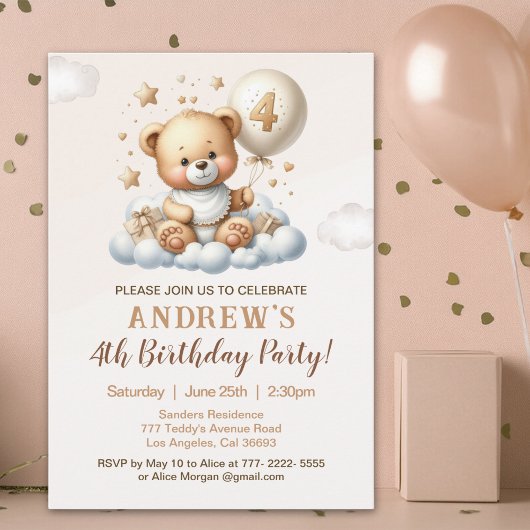 Cute Teddy Bear 4th Birthday Party Celebration 招待状