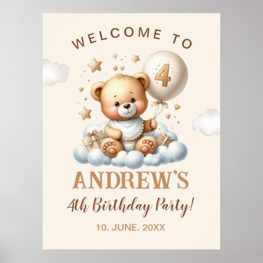 Cute Teddy Bear 4th Birthday Wall Decoration ポスター (正面)