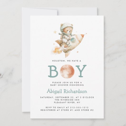 Cute Teddy Bear Astronaut Boy Baby Shower 招待状 (正面)