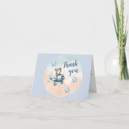 Cute Teddy Bear Aviator Baby Shower Thank You Card サンキューカード (正面)