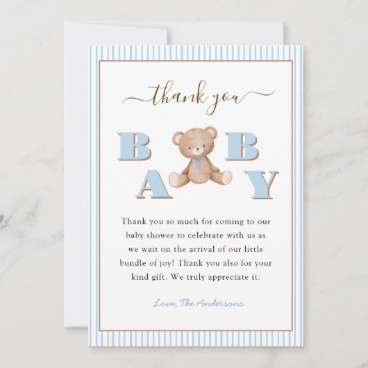 Cute Teddy Bear Baby Boy shower Thank you card サンキューカード (正面)