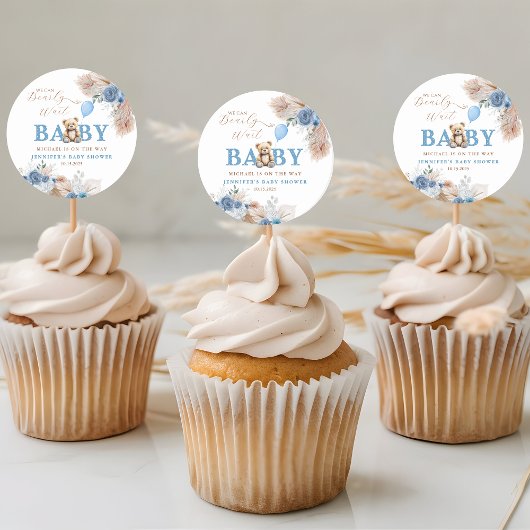Cute Teddy Bear Baby Shower Blue Boho Boy ラウンドシール