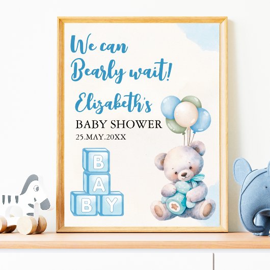 Cute Teddy Bear Baby Shower Boy Decoration ポスター