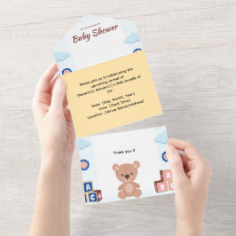 Cute Teddy Bear Baby Shower Invitation オールインワン招待状