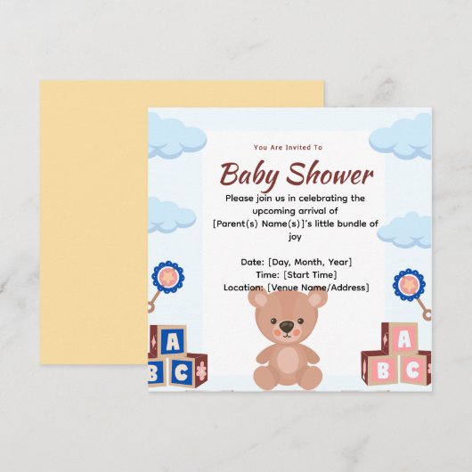 Cute Teddy Bear Baby Shower Invitation 招待状 (正面/裏面)