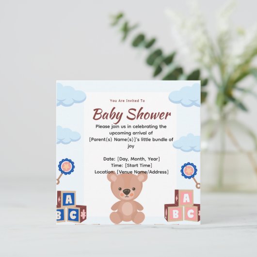 Cute Teddy Bear Baby Shower Invitation 招待状 (スタンド正面)