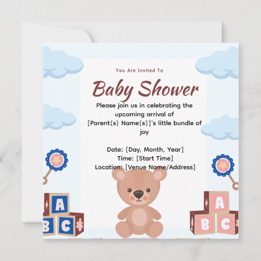 Cute Teddy Bear Baby Shower Invitation 招待状 (正面)