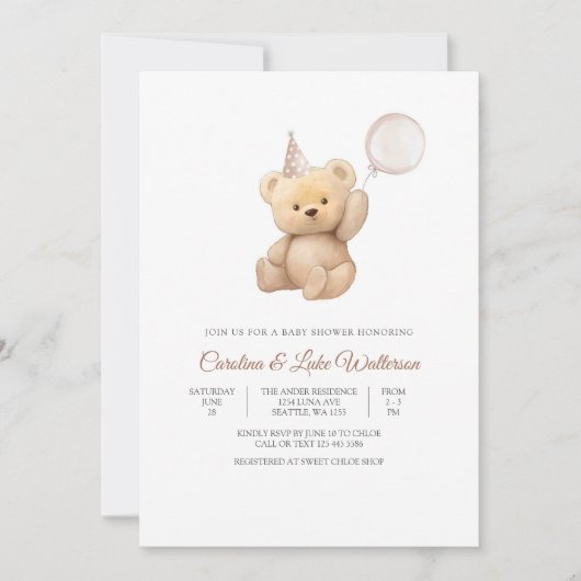 Cute Teddy Bear Baby Shower Invitation 招待状 (正面)