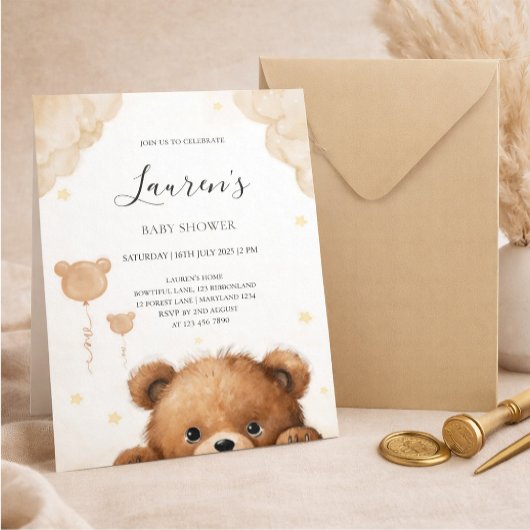 Cute Teddy Bear Baby Shower Invitation 招待状
