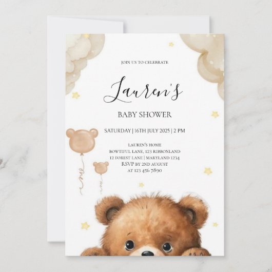 Cute Teddy Bear Baby Shower Invitation 招待状 (正面)