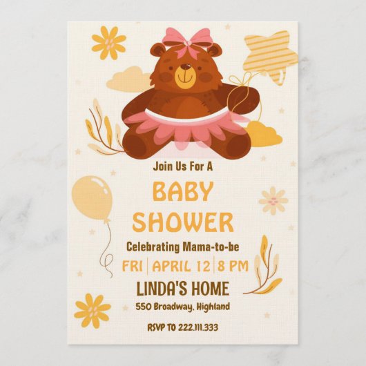 Cute Teddy Bear Baby Shower Invitation for Girl 招待状 (正面)