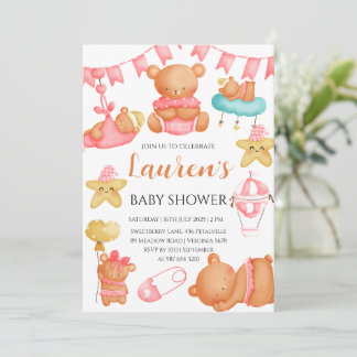 Cute Teddy Bear Baby Shower Pink Girl 招待状