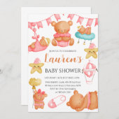 Cute Teddy Bear Baby Shower Pink Girl 招待状 (正面/裏面)