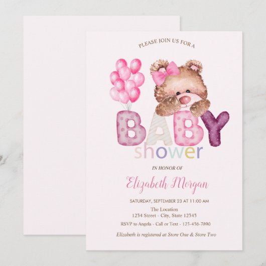 Cute Teddy Bear Balloons Baby Shower 招待状 (正面/裏面)