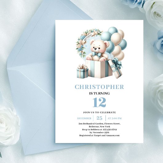 Cute teddy bear balloons boy birthday invitation 招待状
