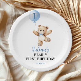 Cute Teddy Bear Blue Balloon Beary Birthday ペーパープレート